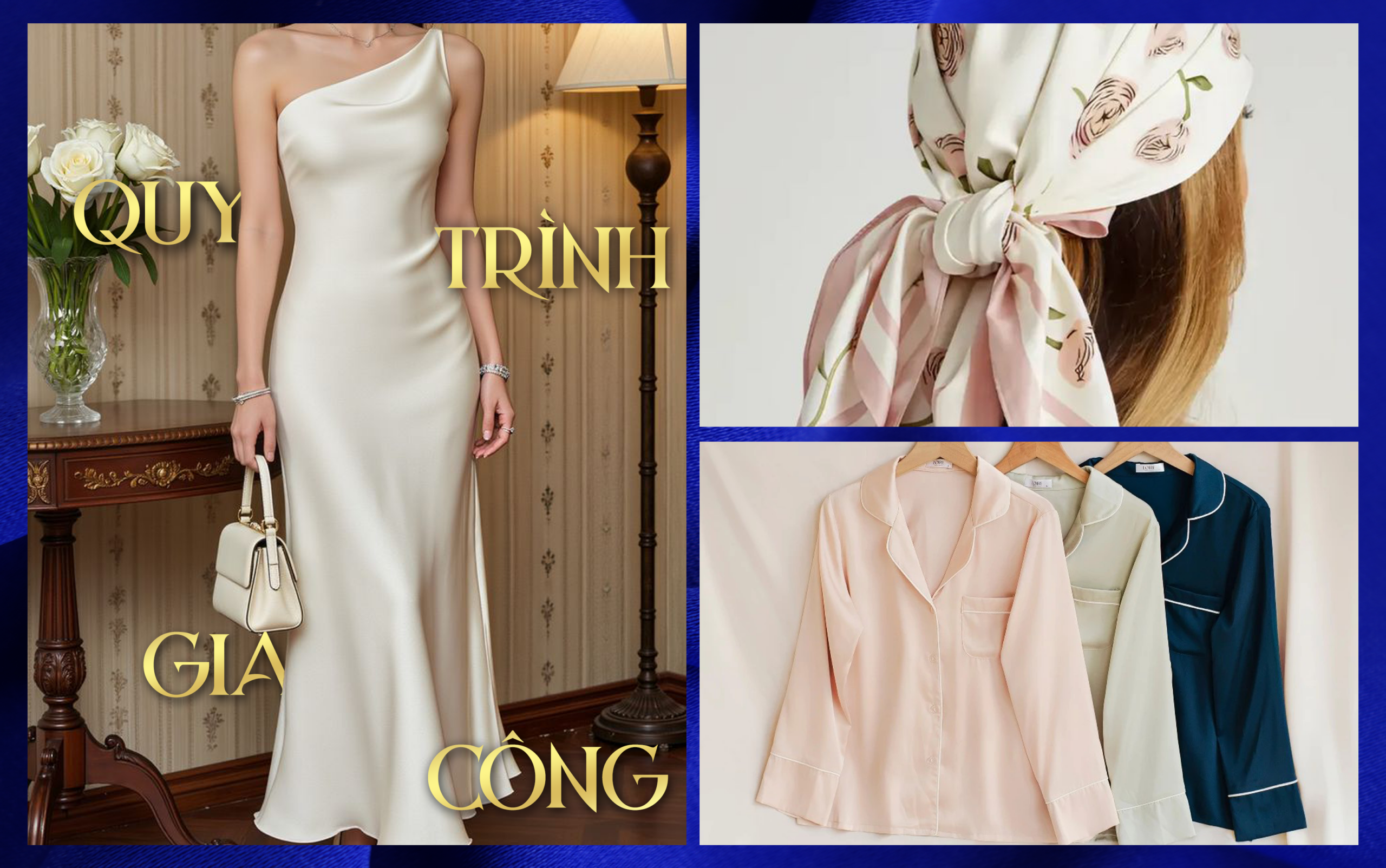 Ứng dụng đa dạng của vải lụa Mango trong quy trình gia công may mặc công nghiệp như đầm lụa sang trọng, khăn trùm đầu và đồ bộ pijama