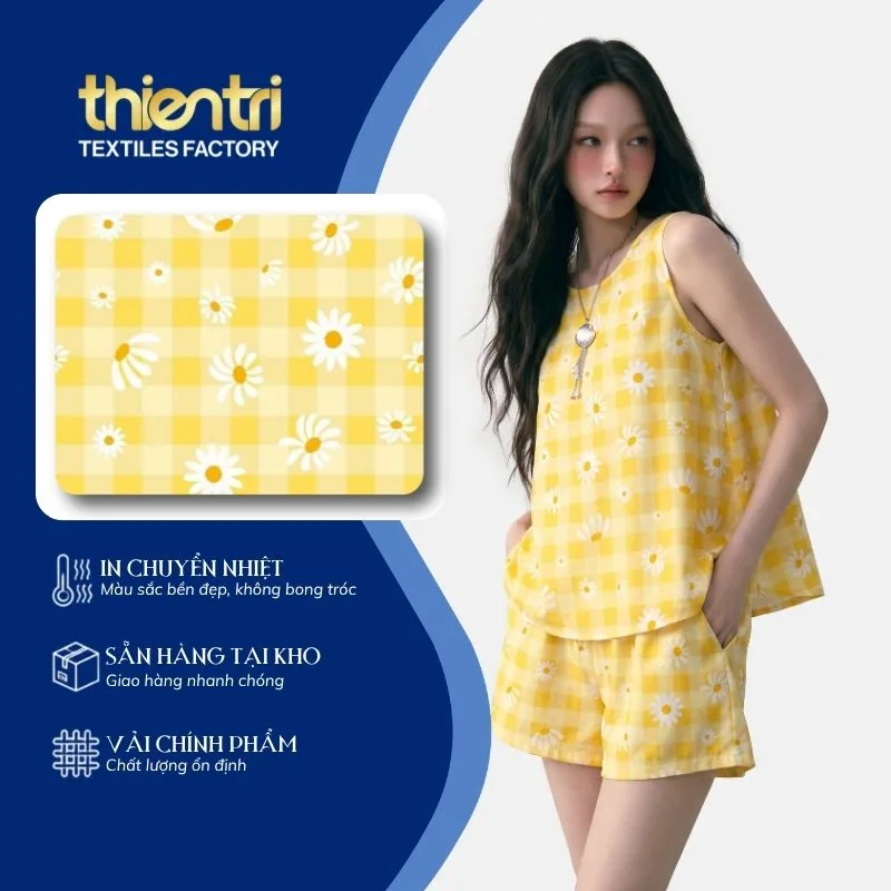 Vải in họa tiết caro hoa cúc ứng dụng may đồ bộ