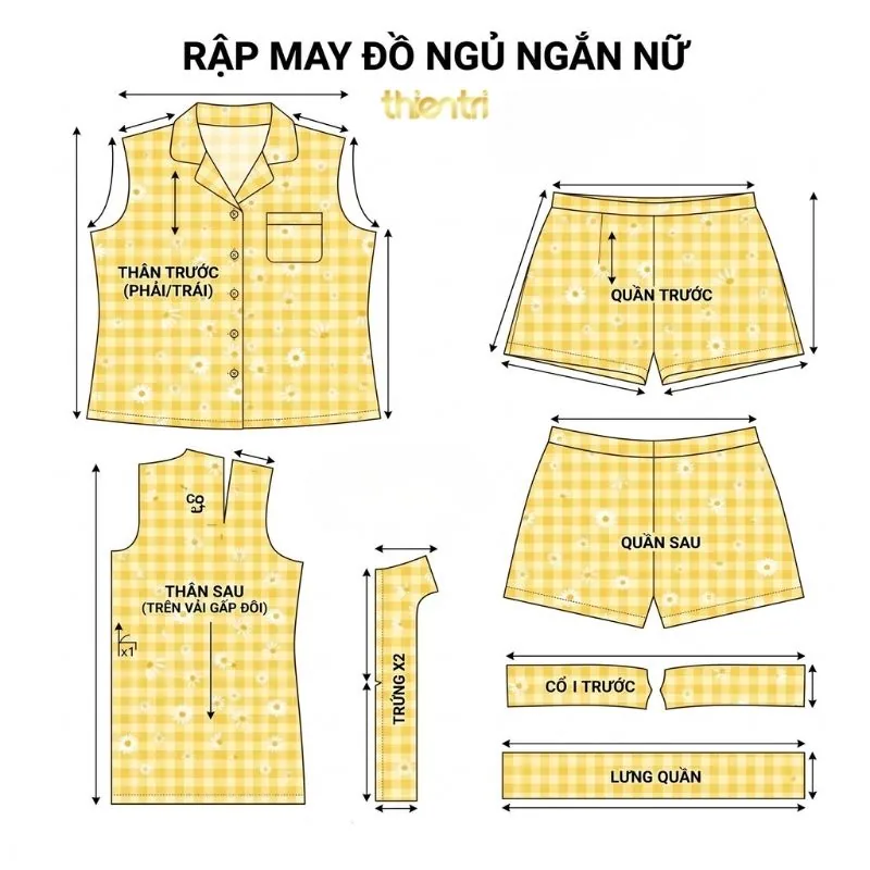 Sơ đồ rập may đồ bộ trên vải in họa tiết caro hoa cúc