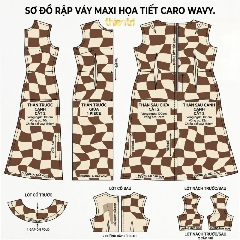 Sơ đồ rập may khăn bandana trên vải in họa tiết caro méo
