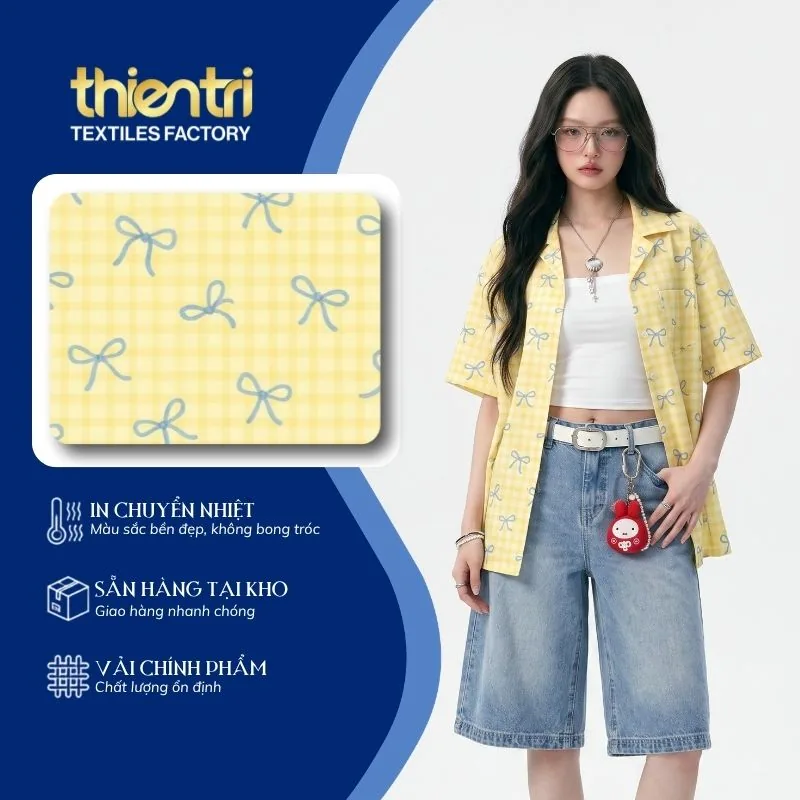 Vải in họa tiết caro nơ ứng dụng may đồ bộ