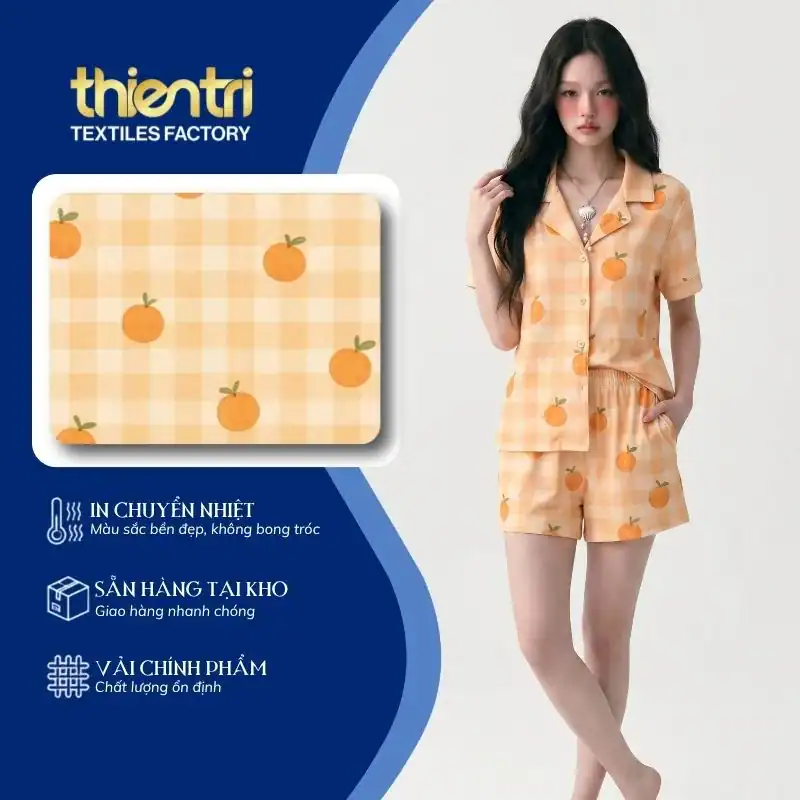 Trang phục may từ vải in họa tiết caro quả quýt, vải polyester in chuyển nhiệt