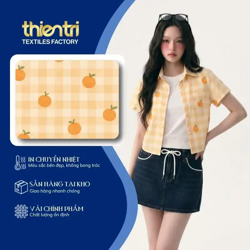 Vải in họa tiết caro quả quýt ứng dụng may đồ bộ