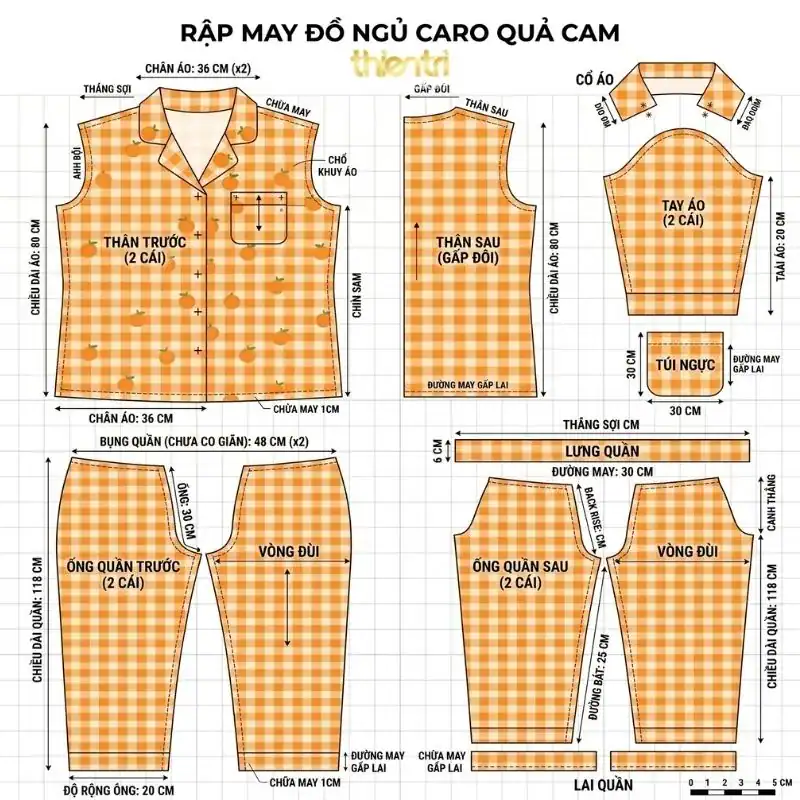 Sơ đồ rập may đồ bộ trên vải in họa tiết caro quả quýt