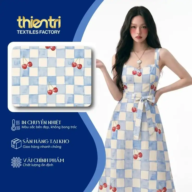 Trang phục may từ vải in họa tiết caro trái chery, vải polyester in chuyển nhiệt