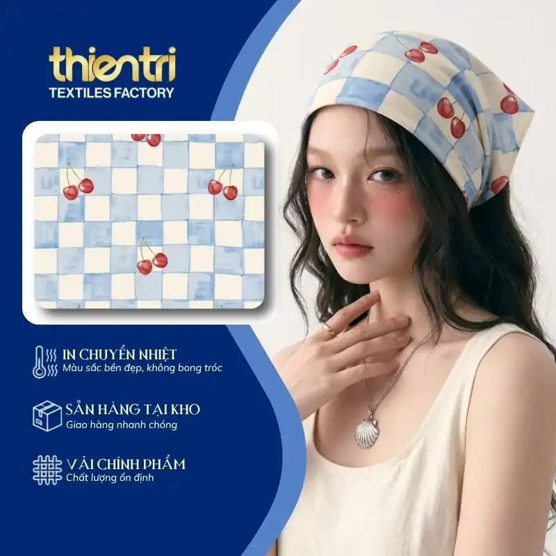 Vải in họa tiết caro trái chery ứng dụng may đồ bộ