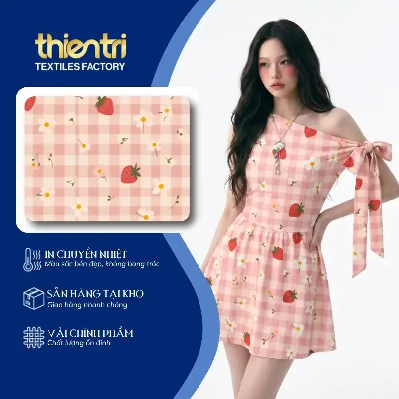 Vải in họa tiết caro trái dâu ứng dụng may đồ bộ