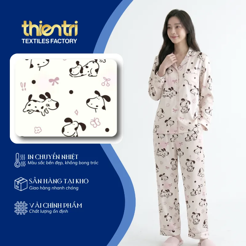 Mẫu đồ bộ may từ vải in họa tiết con chó đốm của Thiên Trì