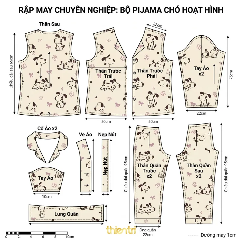 Sơ đồ rập may đồ bộ trên vải in họa tiết con chó đốm