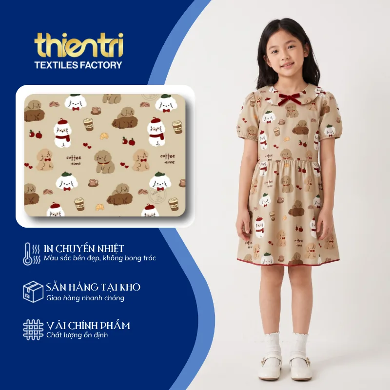 Trang phục may từ vải in họa tiết con chó, vải polyester in chuyển nhiệt