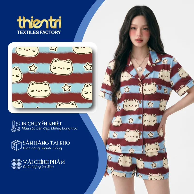 Trang phục may từ vải in họa tiết con mèo, vải polyester in chuyển nhiệt