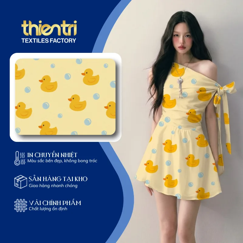 Trang phục may từ vải in họa tiết con vịt, vải polyester in chuyển nhiệt