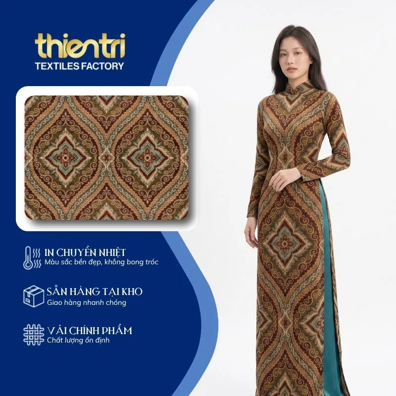 Vải in họa tiết gấm hình thoi ứng dụng may đầm maxi