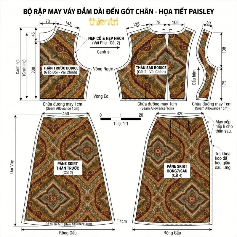 Sơ đồ rập may đầm maxi trên vải in họa tiết gấm hình thoi