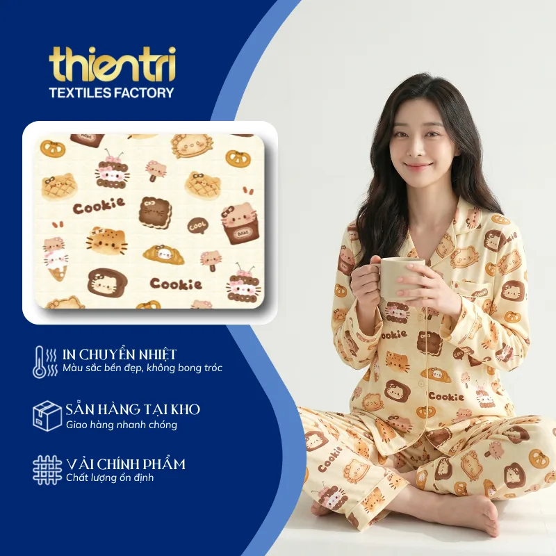 Bộ pijama may từ vải in họa tiết bánh quy nền be