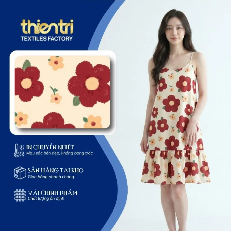 Mẫu đầm maxi may từ vải in họa tiết hoa đỏ của Thiên Trì