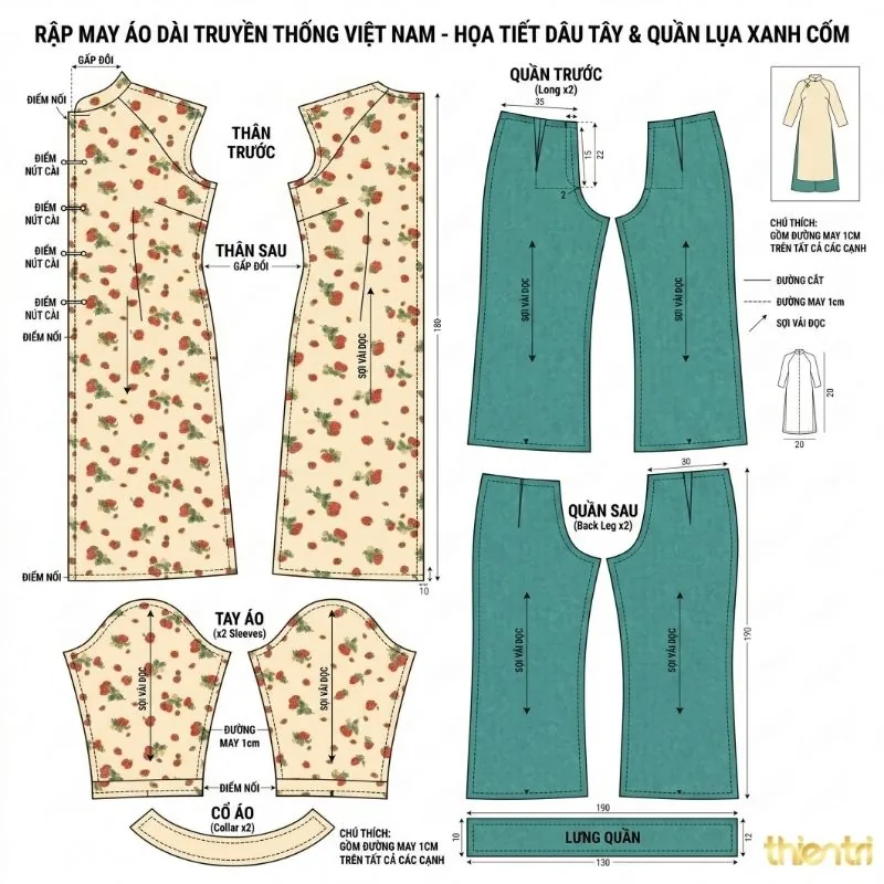 Sơ đồ rập may áo dài trên vải in họa tiết hoa hồng, có ghi chú đường cắt và chiều sợi vải