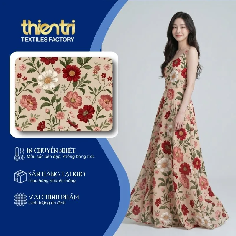 Mẫu đầm maxi may từ vải in họa tiết hoa trắng đỏ của Thiên Trì