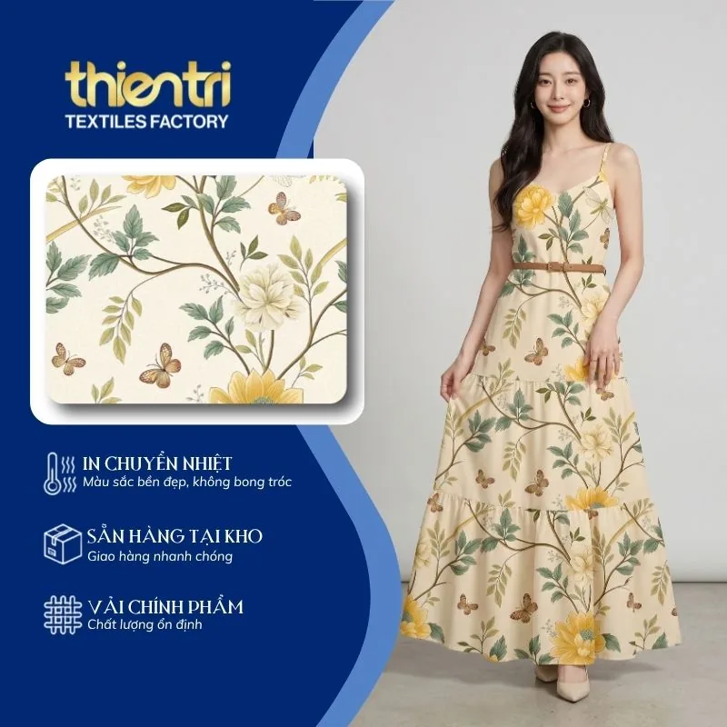 Mẫu đầm maxi may từ vải in họa tiết hoa vàng của Thiên Trì
