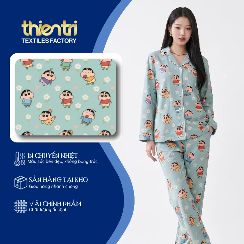 Mẫu đồ bộ may từ vải in họa tiết ku shin nền xanh của Thiên Trì