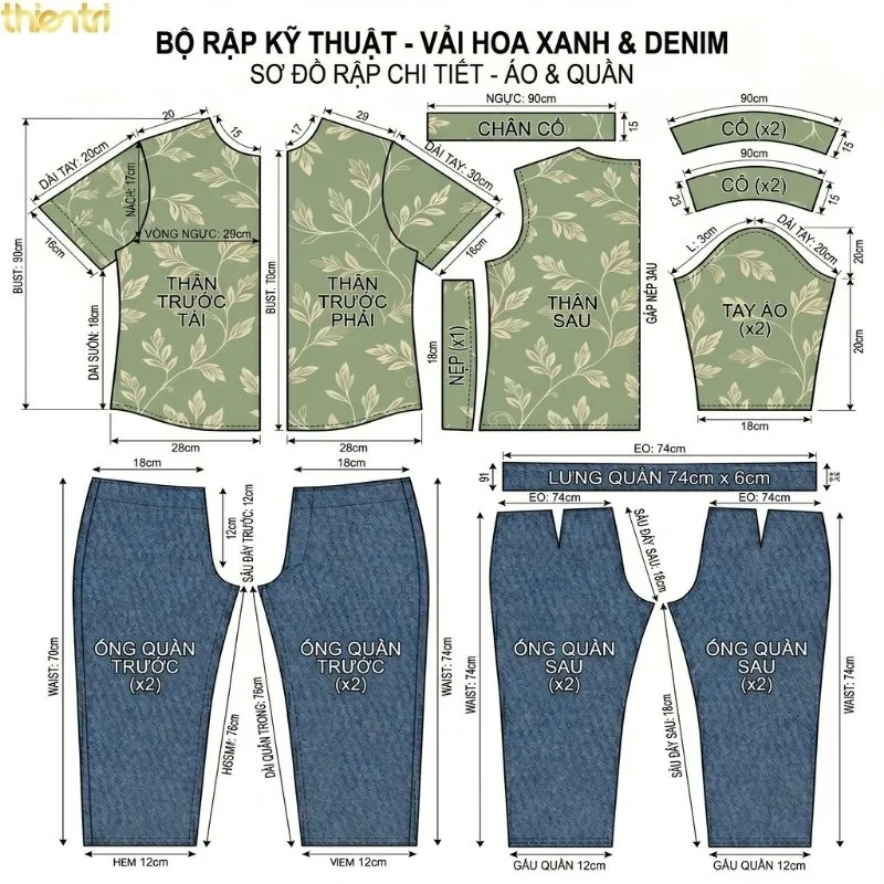 Sơ đồ rập may sơ mi trên vải in họa tiết lá cây, kèm kích thước từng chi tiết