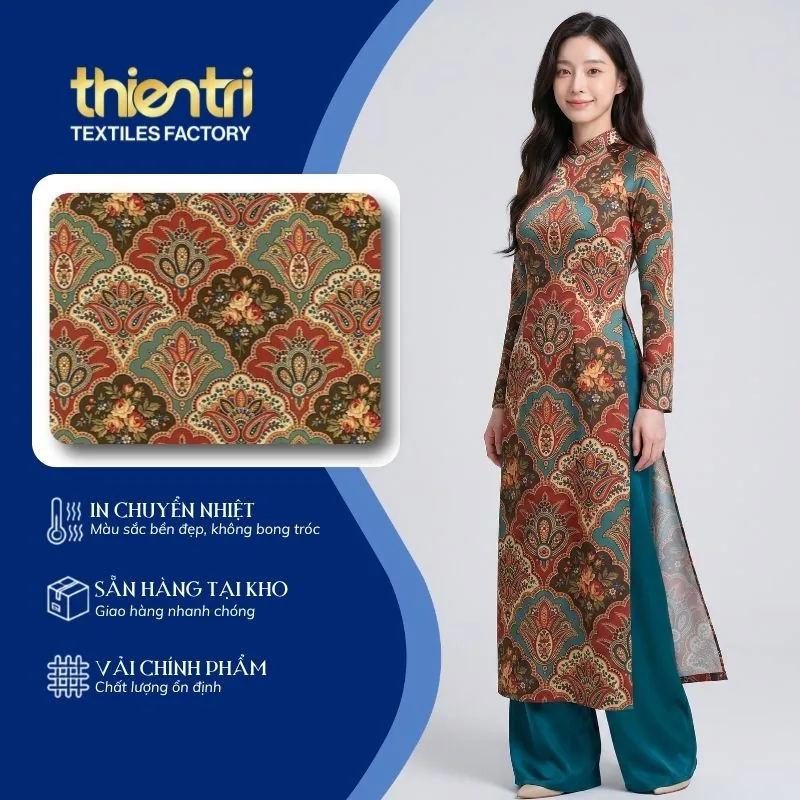 Mẫu áo dài may từ vải in họa tiết paisley hoa hồng của Thiên Trì