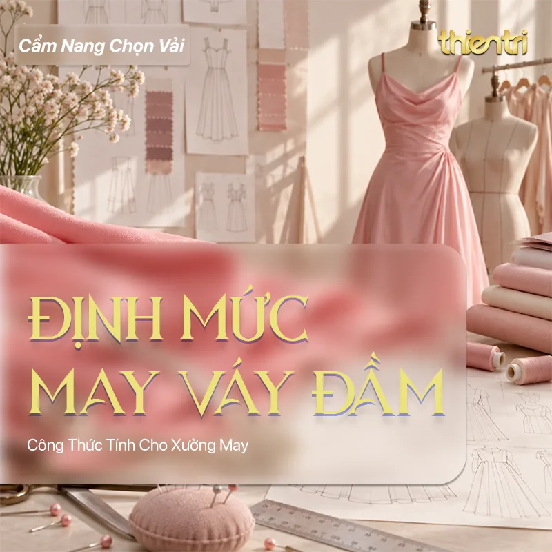 Thẻ tiêu đề bài Định Mức May Váy Đầm, chữ vàng trên nền ma-nơ-canh mặc đầm hồng trong xưởng may, kèm logo Thiên Trì Textiles Factory