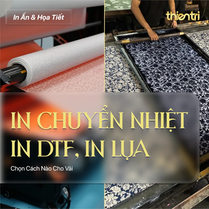 Thẻ tiêu đề bài In Chuyển Nhiệt, In DTF, In Lụa, chữ vàng trên nền ba ảnh ghép về cuộn vải trên máy in và khung in lụa, kèm logo Thiên Trì Textiles Factory