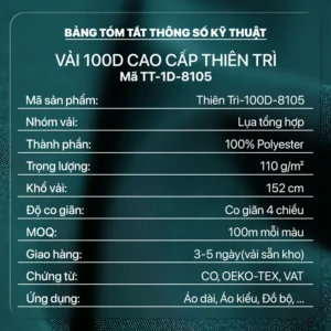 Bảng thông số kỹ thuật vải 100D 8105, Thiên Trì Textiles Factory