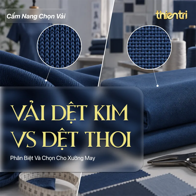 Thẻ tiêu đề bài Vải Dệt Kim Vs Dệt Thoi, chữ vàng trên nền vải xanh navy kèm hai ô phóng to cấu trúc sợi, kèm logo Thiên Trì Textiles Factory