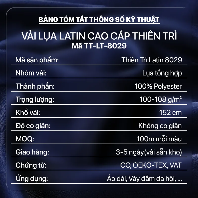 Bảng thông số kỹ thuật vải Latin 8029, Thiên Trì Textiles Factory