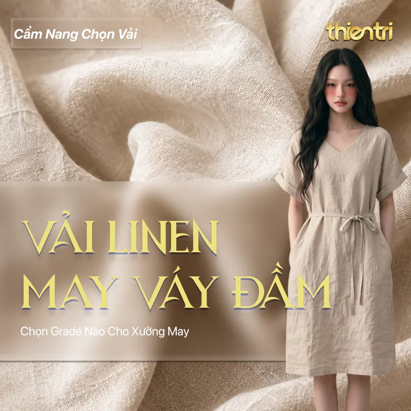 Thẻ tiêu đề bài Vải Linen May Váy Đầm, chữ vàng trên nền người mẫu mặc đầm linen màu be đứng trên nền vải linen thô, kèm logo Thiên Trì Textiles Factory