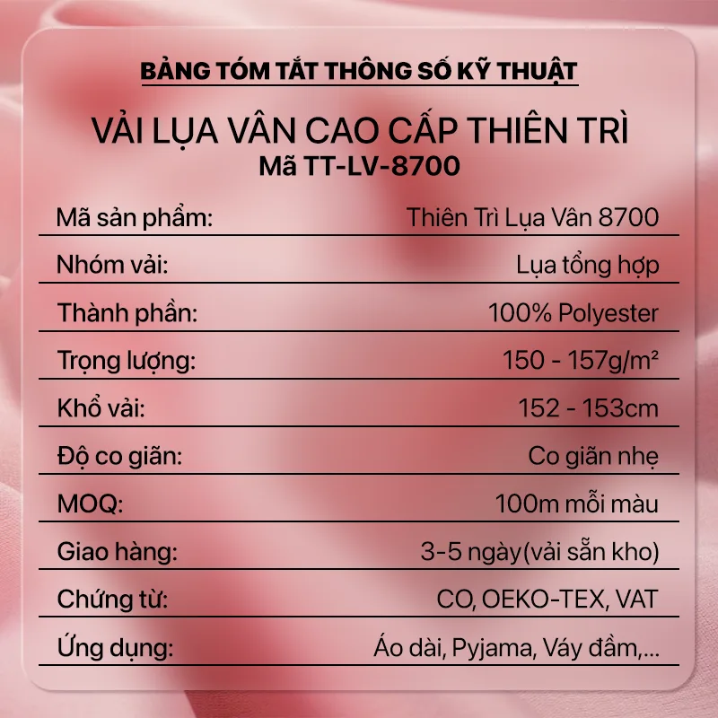 Bảng thông số kỹ thuật vải Lụa Vân 8700, Thiên Trì Textiles Factory
