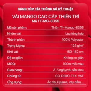 Bảng thông số kỹ thuật vải Mango 8355, Thiên Trì Textiles Factory