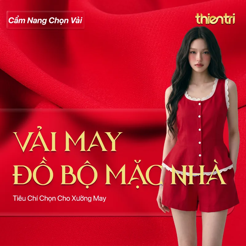 Thẻ tiêu đề bài Vải May Đồ Bộ Mặc Nhà, chữ vàng trên nền người mẫu mặc bộ đồ mặc nhà màu đỏ, kèm logo Thiên Trì Textiles Factory