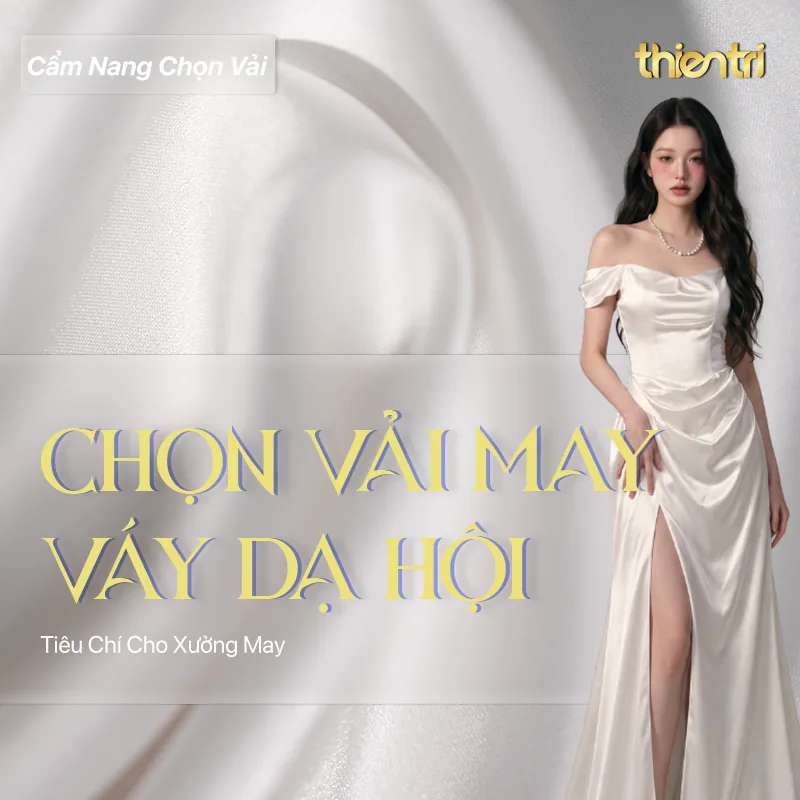 Thẻ tiêu đề bài Chọn Vải May Váy Dạ Hội, chữ vàng trên nền người mẫu mặc váy dạ hội lụa trắng ngà trên nền vải sáng, kèm logo Thiên Trì Textiles Factory